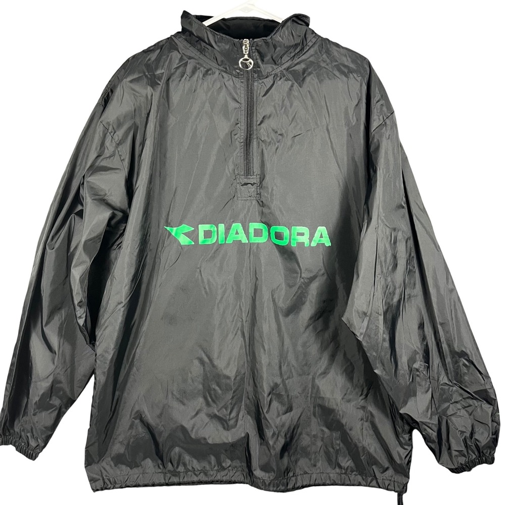 Diadora‎ Windbreaker Jacket Mens Large Black Green Half Zip Mesh Lined Pullover